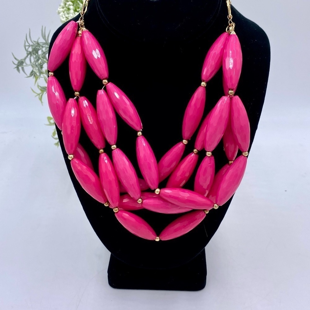 Amrita Singh Statement Multi-Strand‎ Hot Pink Beads and Gold Tone Chain Necklace